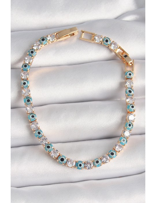 Pirinç Gold Renk Su Yolu Zirkon Taşlı Nazar Boncuklu Kadın Bileklik - TJ-BB6648