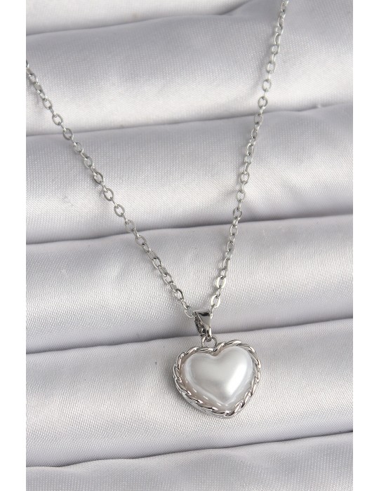 316L Çelik Gümüş Renk Zincir 3D İnci Kalp Model Kadın Kolye - TJ-BKO9712