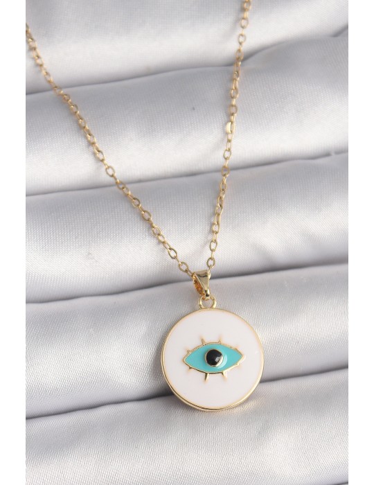 316L Çelik Gold Renk Zincir Beyaz Mineli Turkuaz Göz İşleme Model Kadın Kolye - TJ-BKO9730