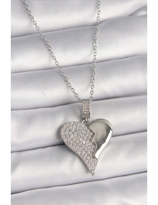316L Çelik Gümüş Renk Zincir Zirkon Taşlı Kırık Kalp Model Kadın Kolye - TJ-BKO9756