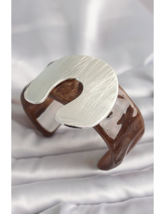 Kahverengi Mermer Desen Akrilik Plastik Gümüş Plaka Model Vintage Kadın Bilezik - TJ-BB6668