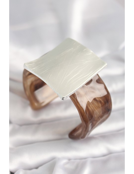 Kahverengi Mermer Desen Akrilik Plastik Gümüş Kare Plaka Model Vintage Kadın Bilezik - TJ-BB6672