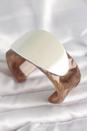 Kahverengi Mermer Desen Akrilik Plastik Gümüş Oval Plaka Model Vintage Kadın Bilezik - TJ-BB6674