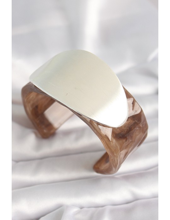 Kahverengi Mermer Desen Akrilik Plastik Gümüş Oval Plaka Model Vintage Kadın Bilezik - TJ-BB6674