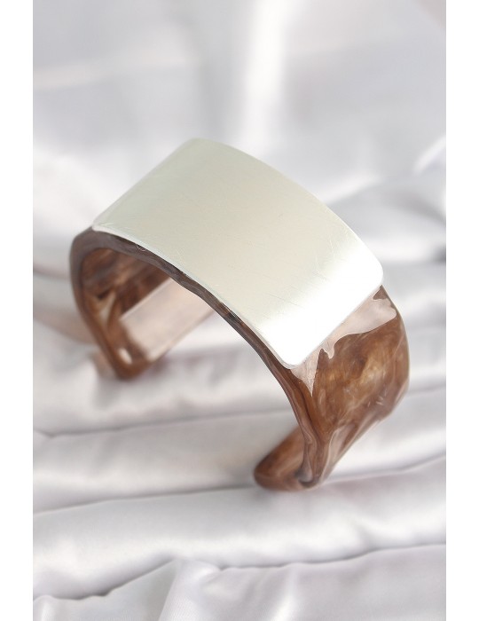 Kahverengi Mermer Desen Akrilik Plastik Gümüş Dikdörtgen Plaka Vintage Kadın Bilezik - TJ-BB6676