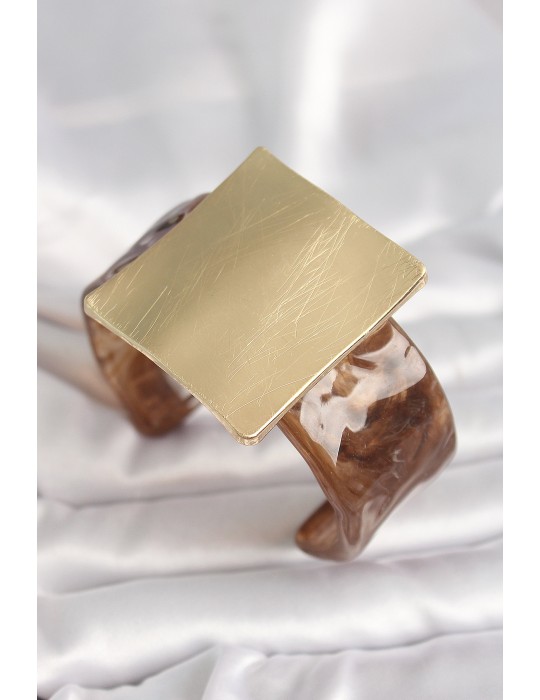 Kahverengi Mermer Desen Akrilik Plastik Gold Kare Plaka Model Vintage Kadın Bilezik - TJ-BB6682