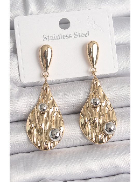 Pirinç Gold Renk Sallantı Damla Model Gümüş Top Detay Kadın Küpe - TJ-BKP10068