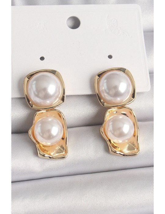 Pirinç Gold Renk İnci Kare Model Kadın Küpe - TJ-BKP10071