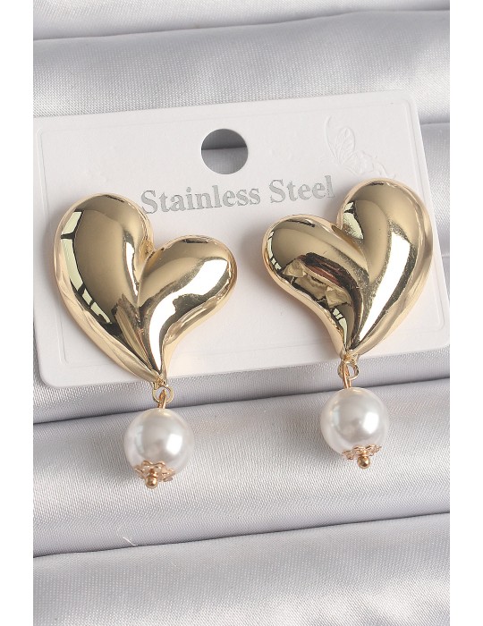 Pirinç Gold Renk Kalp Model Sallantı İnci Detay Kadın Küpe - TJ-BKP10080