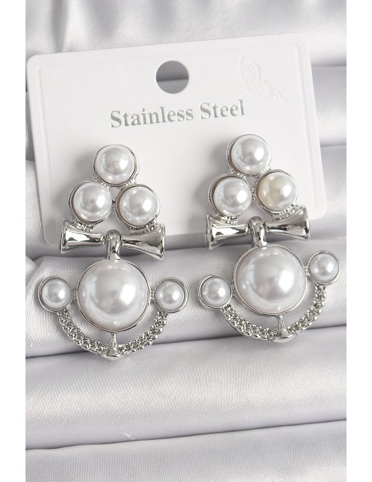 Pirinç Gümüş Renk Sallantı İncili Çapa Model Kadın Küpe - TJ-BKP10086