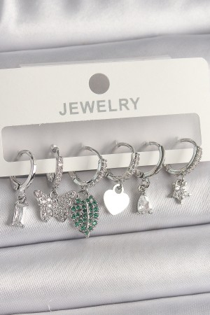 Pirinç Gümüş Renk Zirkon Taşlı Çoklu Figür Kadın Küpe Seti - TJ-BKP10097 Pirinç Gümüş Renk Zirkon Taşlı Çoklu Figür Kadın Küpe Seti - TJ-BKP10097