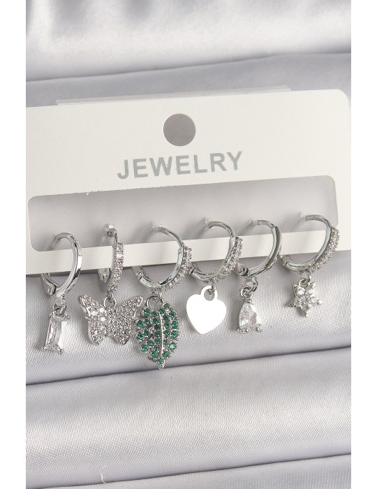 Pirinç Gümüş Renk Zirkon Taşlı Çoklu Figür Kadın Küpe Seti - TJ-BKP10097