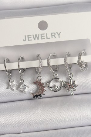 Pirinç Gümüş Renk Zirkon Taşlı Gezgen Model Kadın Küpe Seti - TJ-BKP10113