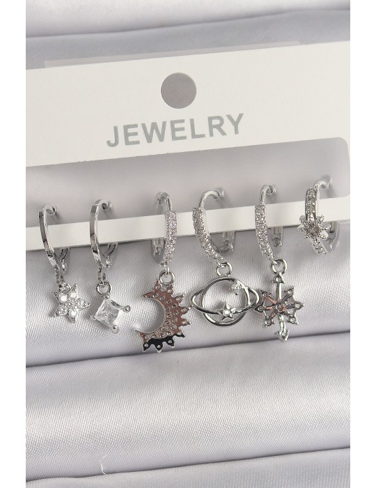 Pirinç Gümüş Renk Zirkon Taşlı Gezgen Model Kadın Küpe Seti - TJ-BKP10113