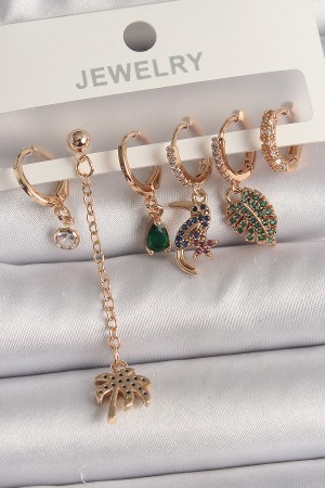 Pirinç Gold Renk Sallantı Zirkon Taşlı Ağaç Figür Kadın Küpe Seti - TJ-BKP10118