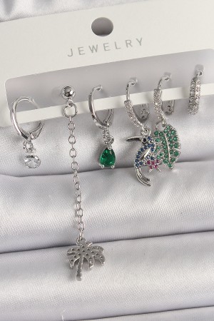 Pirinç Gümüş Renk Sallantı Zirkon Taşlı Ağaç Figür Çoklu Kadın Küpe Seti - TJ-BKP10119 Pirinç Gümüş Renk Sallantı Zirkon Taşlı Ağaç Figür Çoklu Kadın Küpe Seti - TJ-BKP10119