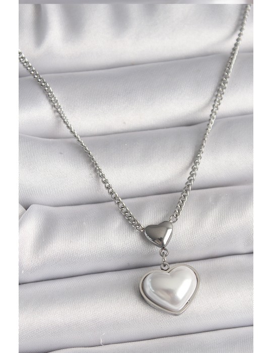 316L Çelik Gümüş Renk Zincir 3D Kalp Model Kadın Kolye - TJ-BKO9771