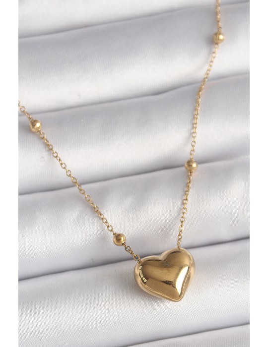 316L Çelik Gold Renk Topçuk Detaylı Zincir Kalp Model Kadın Kolye - TJ-BKO9772