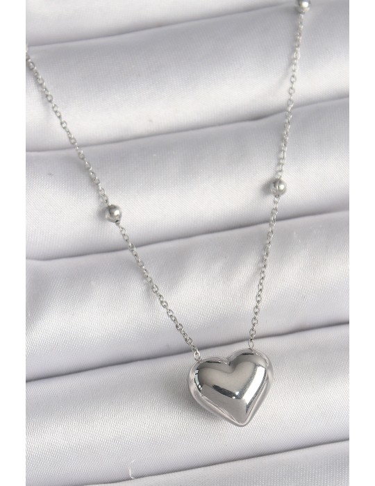 316L Çelik Gümüş Renk Topçuk Detay Zincir Kalp Model Kadın Kolye - TJ-BKO9773