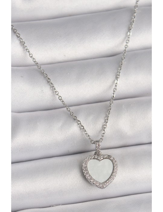 316L Çelik Gümüş Renk Zincir Zirkon Taşlı Beyaz Mineli Kalp Model Kadın Kolye - TJ-BKO9781