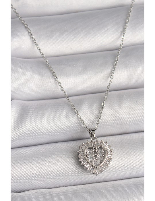 316L Çelik Gümüş Renk Zincir Zirkon Taşlı Kalp Model Kadın Kolye - TJ-BKO9787