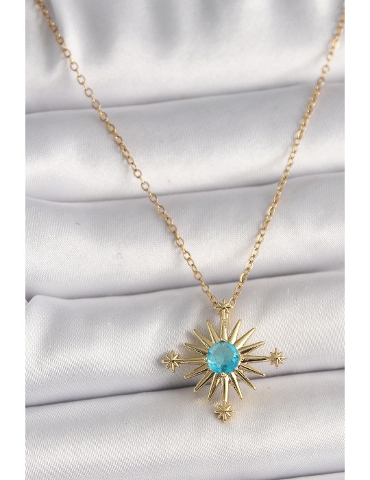 316L Çelik Gold Renk Zincir Mavi Taş Detaylı Kuzey Yıldız Model Kadın Kolye - TJ-BKO9806