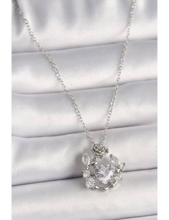 316L Çelik Gümüş Renk Zincir Zirkon Taşlı Kalp Figür Gül Detay Kadın Kolye - TJ-BKO9809