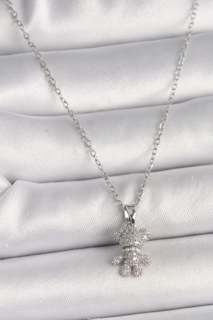 316L Çelik Gümüş Renk Zincir Zirkon Taşlı Ayıcık Figür Kadın Kolye - TJ-BKO9811