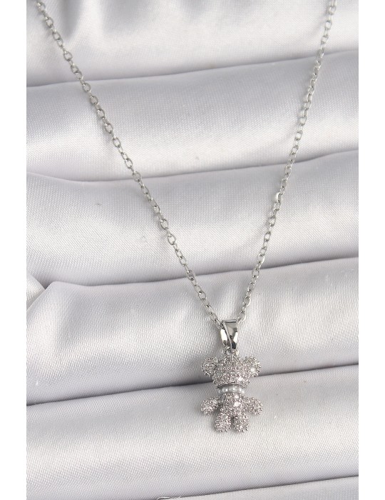 316L Çelik Gümüş Renk Zincir Zirkon Taşlı Ayıcık Figür Kadın Kolye - TJ-BKO9811