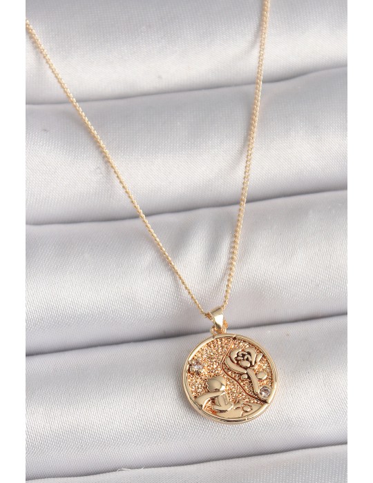 Pirinç Gold Renk Zirkon Taş Detaylı Gül İşleme Madalyon Model Kadın Kolye - TJ-BKO9816