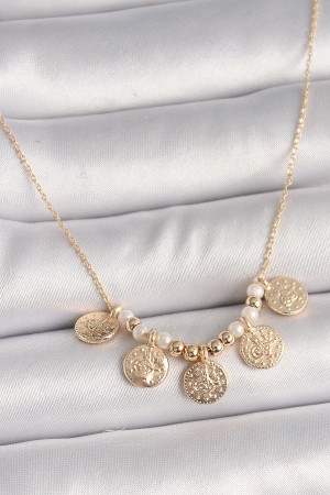 Pirinç Gold Renk 5'Li Osmanlı Tuğra Figür İnci Detay Kadın Kolye - TJ-BKO9825 Pirinç Gold Renk 5'Li Osmanlı Tuğra Figür İnci Detay Kadın Kolye - TJ-BKO9825