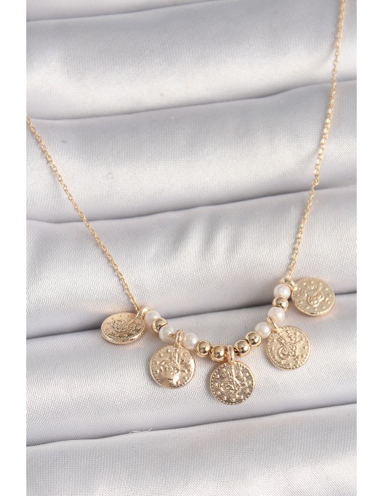 Pirinç Gold Renk 5'Li Osmanlı Tuğra Figür İnci Detay Kadın Kolye - TJ-BKO9825