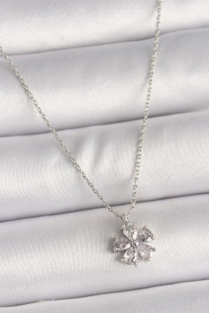 Pirinç Gümüş Renk Zirkon Taşlı Çiçek Model Kadın Kolye - TJ-BKO9833