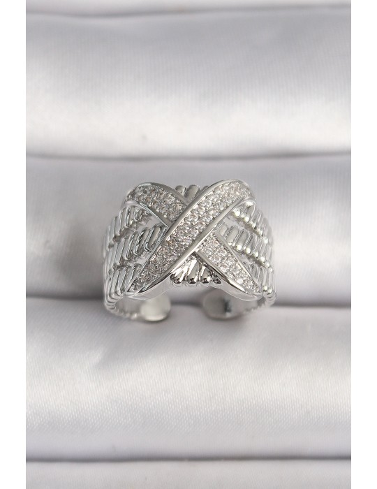 Pirinç Gümüş Renk Ayarlanabilir Zirkon Taşlı X Model Kadın Yüzük - TJ-BYK3582