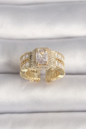 Pirinç Gold Renk Ayarlanabilir Baget Zirkon Taş Model Kadın Yüzük - TJ-BYK3589