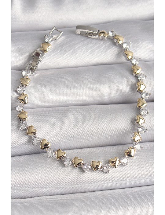 Pirinç Gümüş Renk Zirkon Taşlı Gold Kalpli VIP Seri Kadın Bileklik - TJ-BB6714