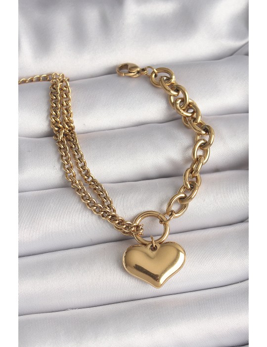 316L Çelik Gold Renk 2'Li Zincir Model Kalp Figür Kadın Bileklik - TJ-BB6727
