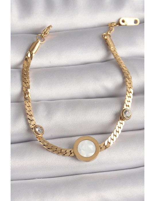316L Çelik Gold Renk Yassı Zincir Model Zirkon Taş Detaylı Beyaz Mineli Madalyon Model Kadın Bileklik - TJ-BB6732