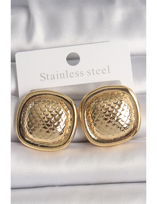 Pirinç Gold Renk İşlemeli Kare Model Kadın Küpe - TJ-BKP10149