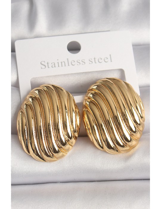 Pirinç Gold Renk İşlemeli Oval Model Kadın Küpe - TJ-BKP10151