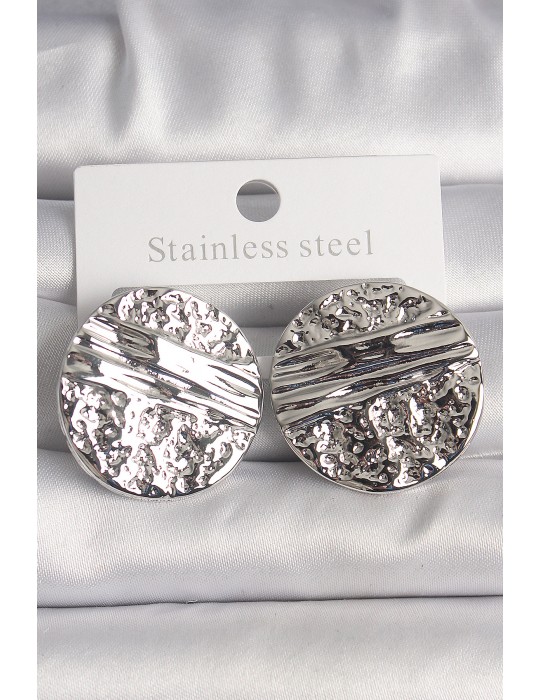 Pirinç Gümüş Renk İşlemeli Daire Plaka Model Kadın Küpe - TJ-BKP10152