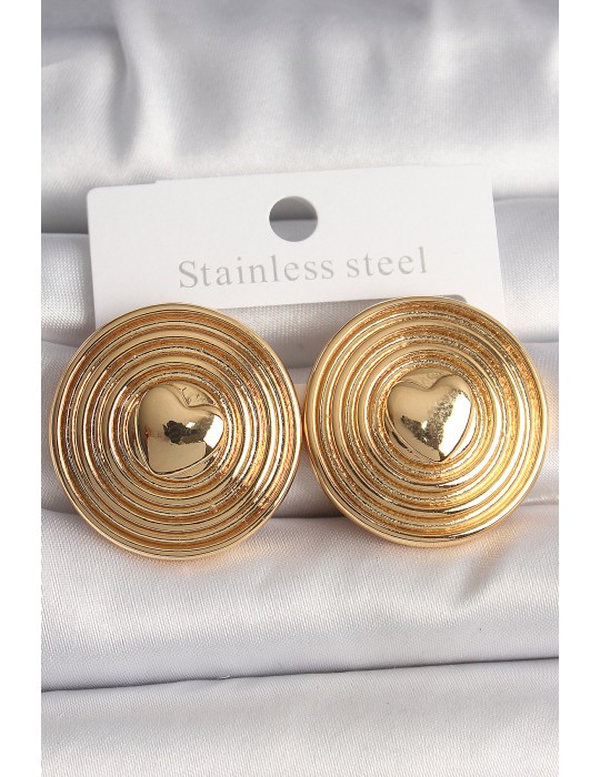 Pirinç Gold Renk Kalp İşlemeli Daire Plaka Model Kadın Küpe - TJ-BKP10155