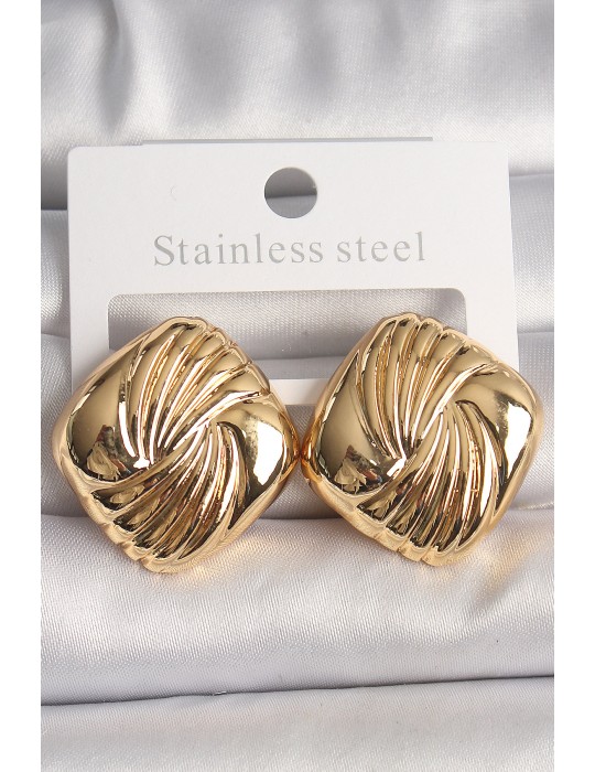 Pirinç Gold Renk İşlemeli Kare Model Kadın Küpe - TJ-BKP10157