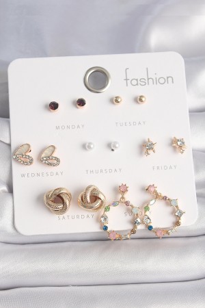 Pirinç Gold Renk Renkli Zirkon Taşlı Kalp Detay 7 Çift Kadın Küpe Seti - TJ-BKP10162