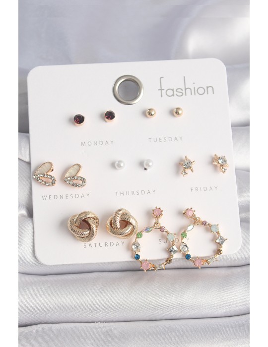 Pirinç Gold Renk Renkli Zirkon Taşlı Kalp Detay 7 Çift Kadın Küpe Seti - TJ-BKP10162