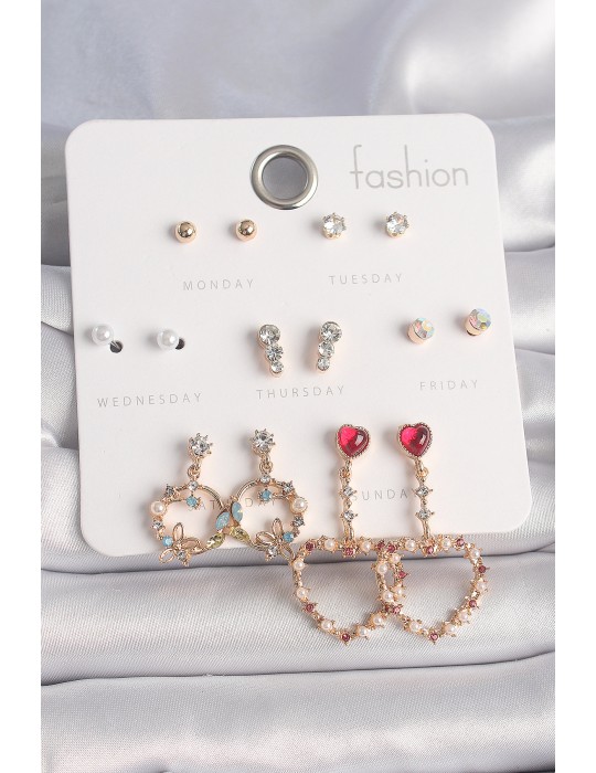 Pirinç Gold Renk Zirkon Taşlı Sallantı Kalp Figür 7 Çift Kadın Küpe Seti - TJ-BKP10163