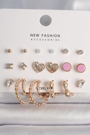 Pirinç Gold Renk Zirkon Taşlı Burug Halka Model İşlemeli Kalp Detay 9 Çift Kadın Küpe Seti - TJ-BKP10175 Pirinç Gold Renk Zirkon Taşlı Burug Halka Model İşlemeli Kalp Detay 9 Çift Kadın Küpe Seti - TJ-BKP10175