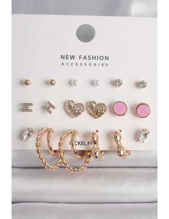 Pirinç Gold Renk Zirkon Taşlı Burug Halka Model İşlemeli Kalp Detay 9 Çift Kadın Küpe Seti - TJ-BKP10175