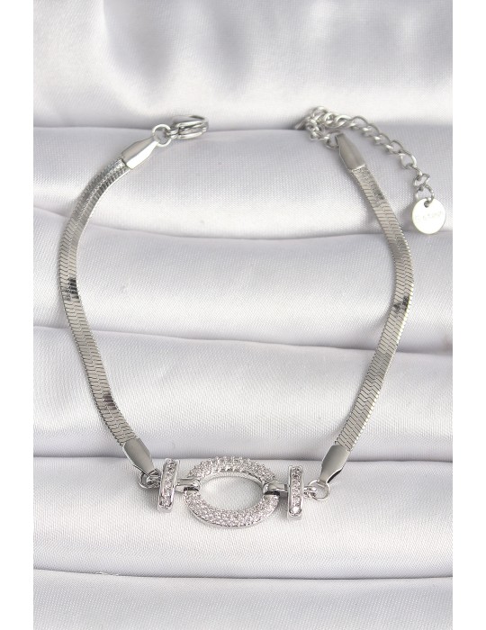 316L Çelik Gümüş Renk İtalyan Zincir Model Zirkon Taşlı Halka Figür Kadın Bileklik - TJ-BB6748