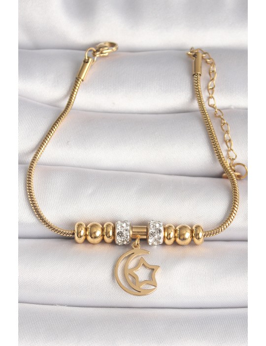 316L Çelik Gold Renk Tüp Zincir Zirkon Taş Detaylı Sallantı Ay Yıldız Figür Kadın Bileklik - TJ-BB6759